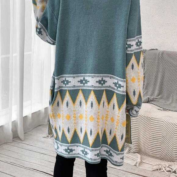 Blue Preppy Womens Geo Pattern Dual Pocket Drop Shoulder Open Front Cardigan - Picture 2 of 5